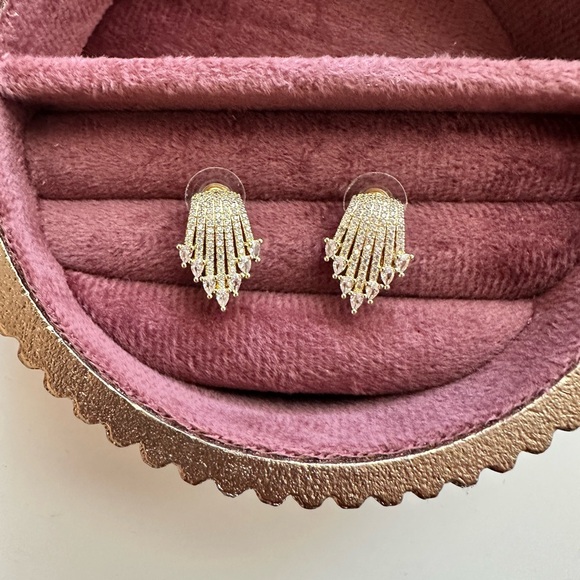 Unique Gold Crystal Fan Earrings Statement Bridal Bridesmaid Party Jewelry BNWOT - Picture 6 of 6